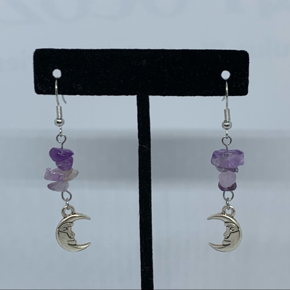 Silver Amethyst Crystal Moon Earrings